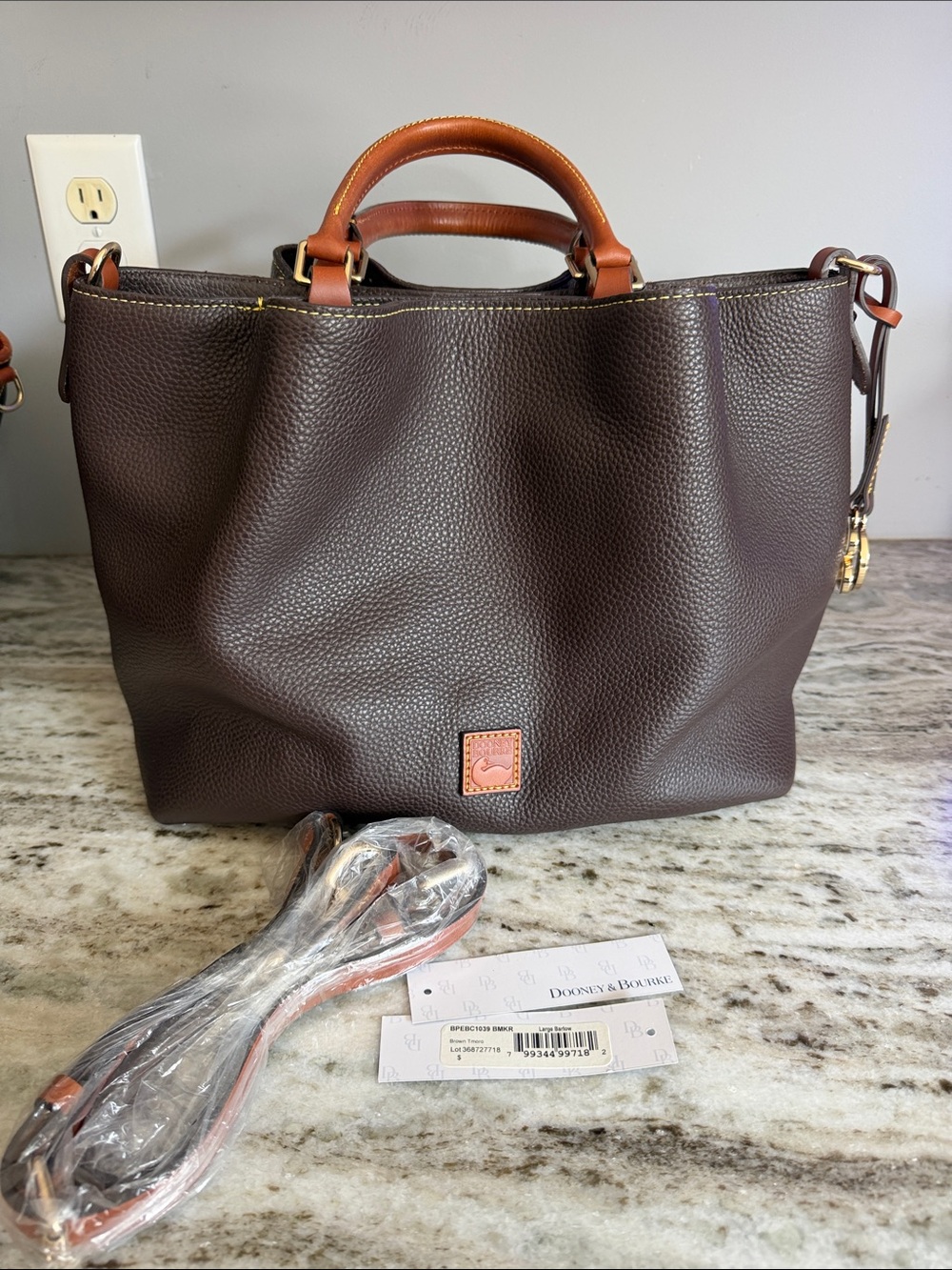 Dooney & Bourke Pebble Leather Large Barlow in Dark Brown with Tan Handles